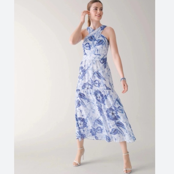 White House Black Market Dresses & Skirts - WHITE HOUSE BLACK MARKET NWT CLIP DOT HALTER MAXI TIERED BLUE FLORAL DRESS SZ 8